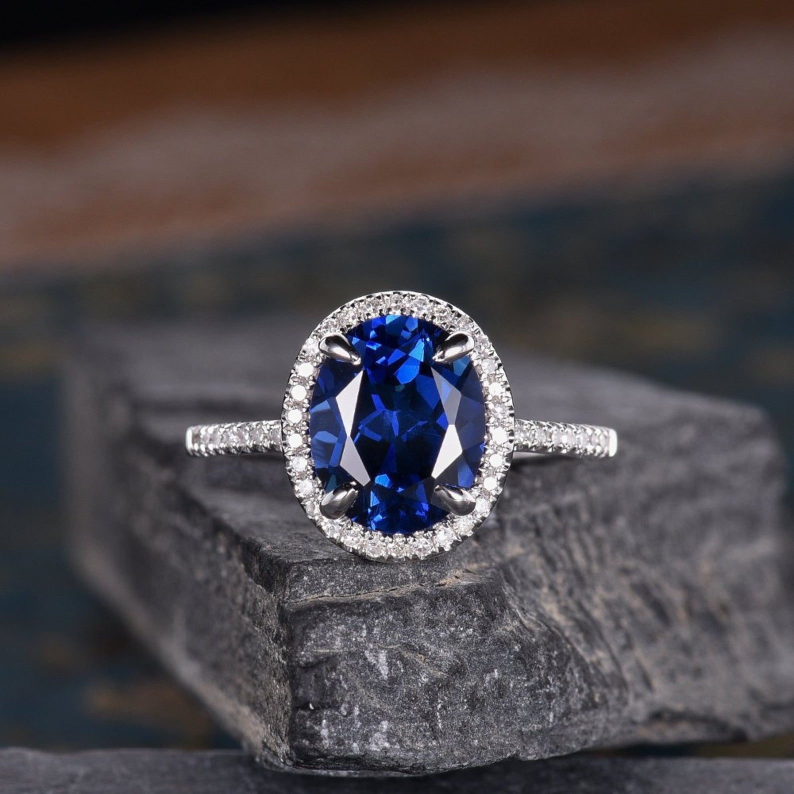 Oval Cut Blue Sapphire, Classic Halo Ring