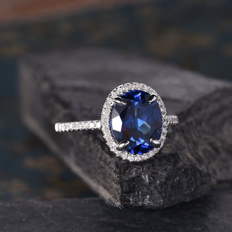 Oval Cut Blue Sapphire, Classic Halo Ring