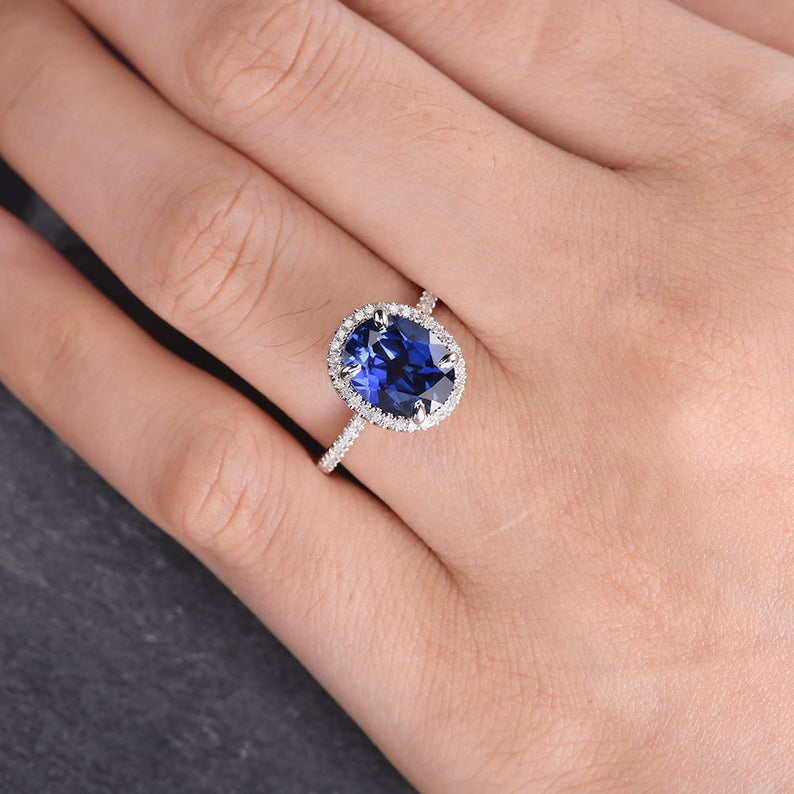 Oval Cut Blue Sapphire, Classic Halo Ring