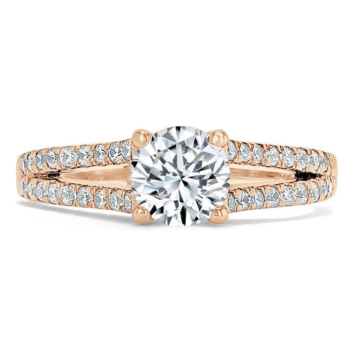 Round Cut Moissanite Engagement Ring, Tiffany Style Double Row Band