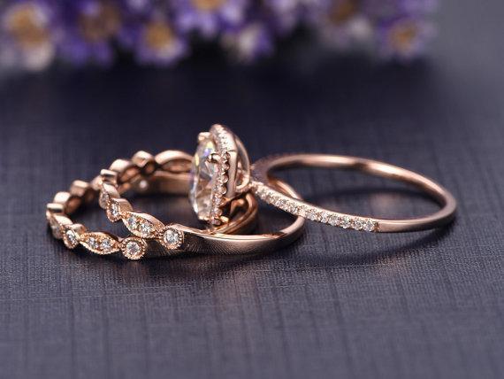 Cushion Cut Bridal Ring Set, Vintage Style Bands